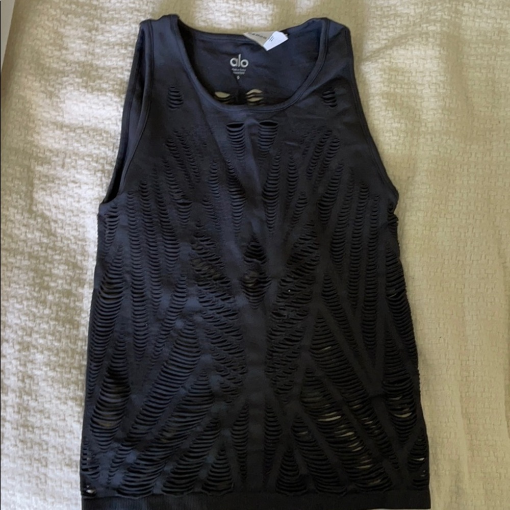 ALO Yoga Black Distressed Cutout Tank Top